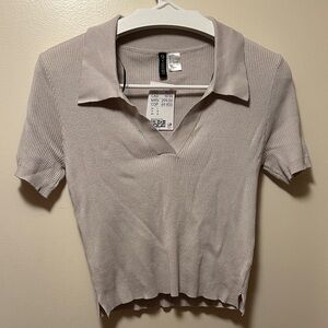 Light Taupe Ribbed Polo Top